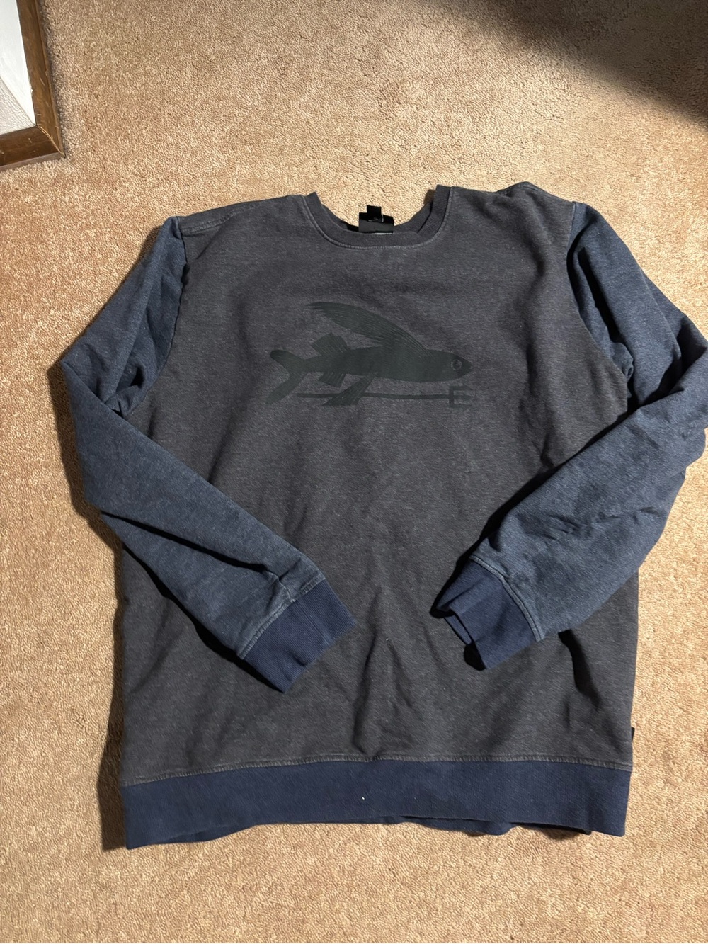 Patagonia Navy and Dark Blue Crewneck Sweater with Tonal Fish Graphic
